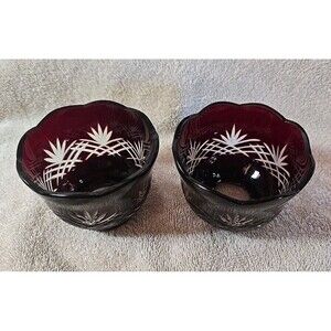 Two Vintage Bohemian Cut to Clear Ruby 3.5" Scalloped Edge Candle Holders